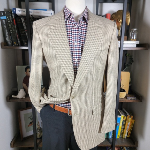 VTG Farah Mens Sport Coat Blazer Two Button Beige Houndstooth Silk Poly Wool 40L